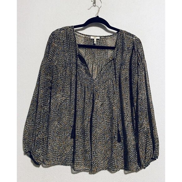 Joie Top Womens Medium Brown Print Sheer Silk Tassel Tie Peasant Flowy Boho - Picture 1 of 6